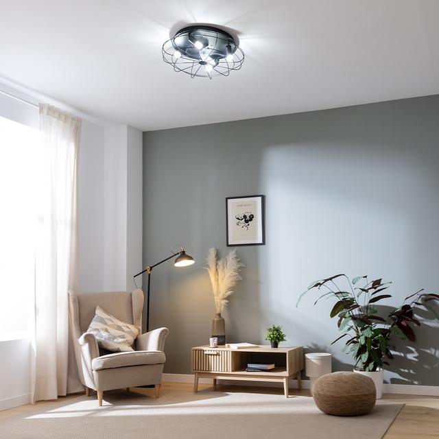 EnergySilence LampAero 600 Iron Design Ventilateur de plafond design avec moteur DC de 20 W, lampe intégrée, 5 pales de 11 pouces, télécommande, 3 vitesses, 3 tonalités de lumière disponibles, minuterie et mode Hiver-Été.