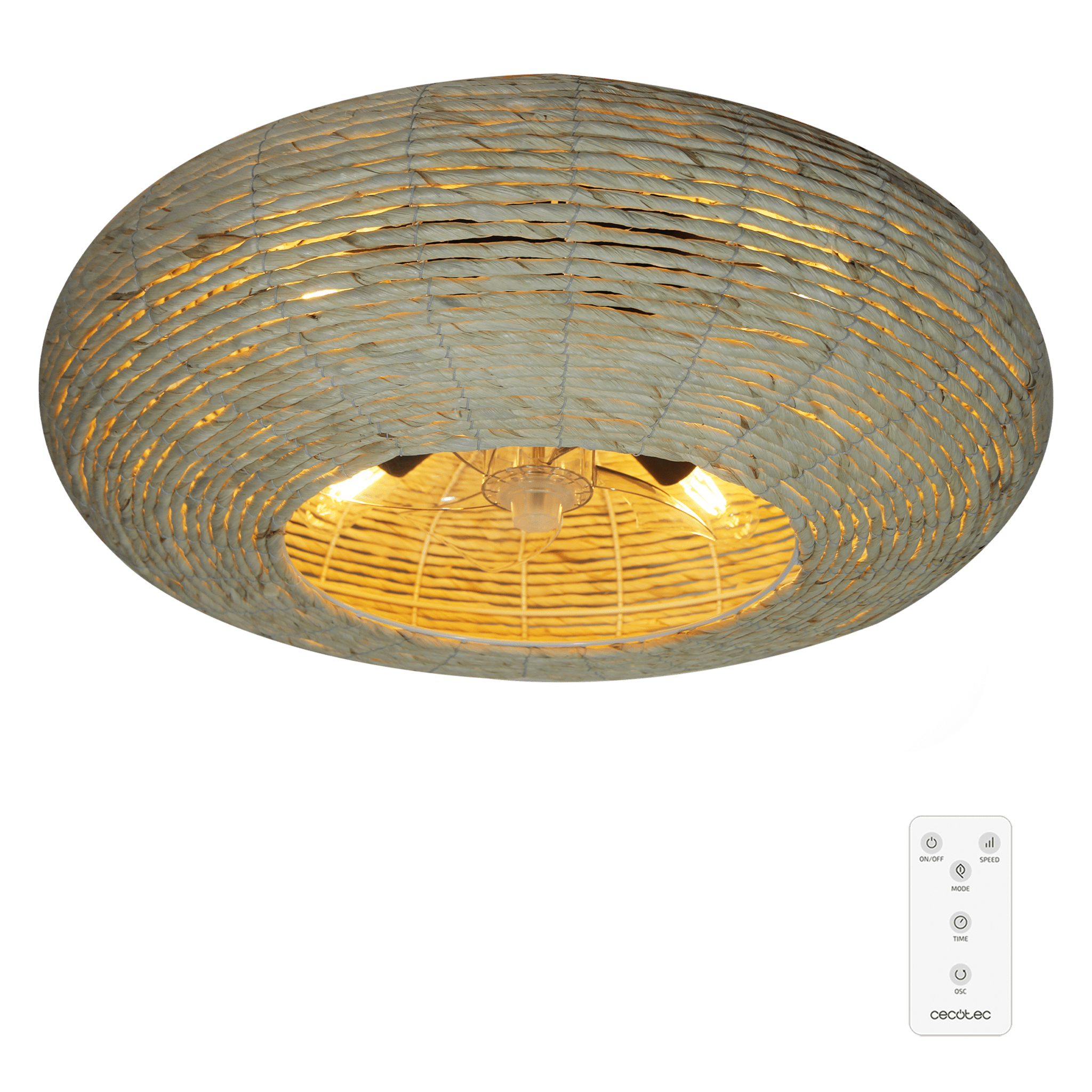 EnergySilence LampAero 600 Natur Wicker Design-Deckenventilator mit DC-Motor, mit einer Leistung von 20W und integrierter Lampe, mit 5 Flügeln von 11 Zoll, Fernbedienung, 3 Geschwindigkeiten, 3 verfügbare Lichtschattierungen, Timer und Winter/Sommer-Modus.