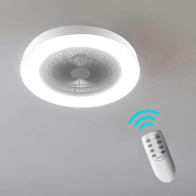 EnergySilence LampAero 600 InsideWhite Ventilateur de plafond design avec moteur DC de 20 W, lampe LED de 40 W, 5 pales de 20 pouces, télécommande, 3 vitesses, 3 tonalités de lumière disponibles, minuterie et mode Hiver-Été.