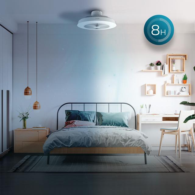 EnergySilence LampAero 600 InsideWhite Ventilateur de plafond design avec moteur DC de 20 W, lampe LED de 40 W, 5 pales de 20 pouces, télécommande, 3 vitesses, 3 tonalités de lumière disponibles, minuterie et mode Hiver-Été.