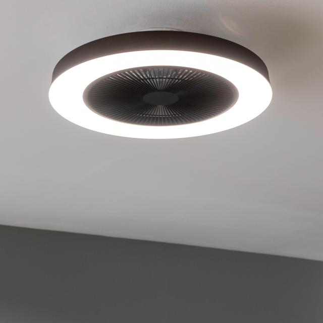 EnergySilence LampAero 600 InsideBlack Ventoinha de teto de design com motor DC, com uma potência de 20 W e lâmpada LED de 40 W, com 5 pás de 20 polegadas, controlo remoto, 3 velocidades, 3 tonalidades de luz disponíveis, temporizador e modo Inverno/Verão.