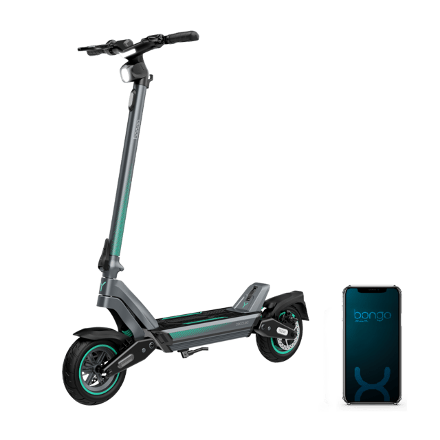 Bongo Y45 Connected Patinete eléctrico con potencia máxima de  750 W y doble suspensión que permite superar pendientes y desplazarse por cualquier superficie. Con autonomía de hasta 45 km. Cumple con todos los requisitos de la nueva normativa española de circulación.  Connexión con App movil.