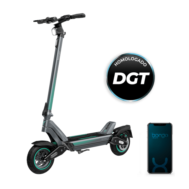 Bongo Y45 Connected Patinete eléctrico con potencia máxima de  750 W y doble suspensión que permite superar pendientes y desplazarse por cualquier superficie. Con autonomía de hasta 45 km. Cumple con todos los requisitos de la nueva normativa española de circulación.  Connexión con App movil.