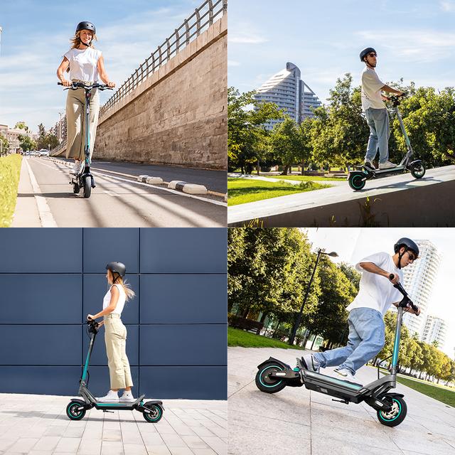 Bongo Y45 Connected Patinete eléctrico con potencia máxima de  750 W y doble suspensión que permite superar pendientes y desplazarse por cualquier superficie. Con autonomía de hasta 45 km. Cumple con todos los requisitos de la nueva normativa española de circulación.  Connexión con App movil.