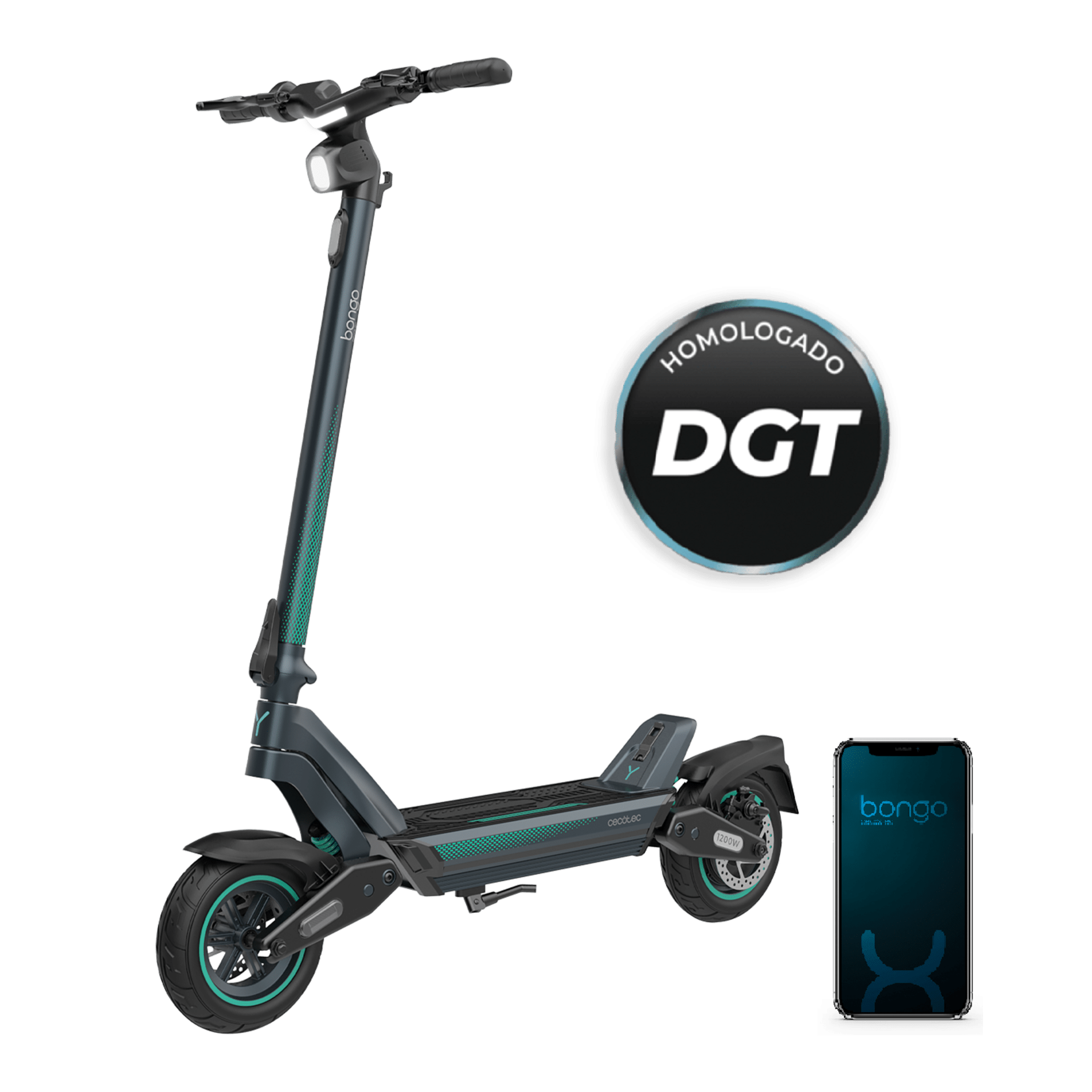 Bongo Y65 Connected Patinete eléctrico con potencia máxima de  1200 W y doble suspensión que permite superar pendientes y desplazarse por cualquier superficie. Con autonomía de hasta 65 km. Cumple con todos los requisitos de la nueva normativa española de circulación.  Connexión con App movil.