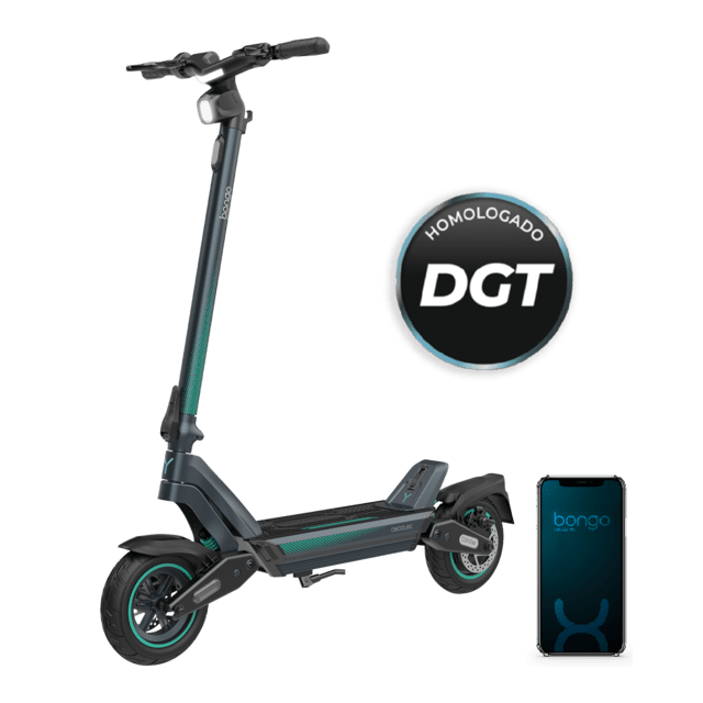 Bongo Y65 Connected Patinete eléctrico con potencia máxima de  1200 W y doble suspensión que permite superar pendientes y desplazarse por cualquier superficie. Con autonomía de hasta 65 km. Cumple con todos los requisitos de la nueva normativa española de circulación.  Connexión con App movil.