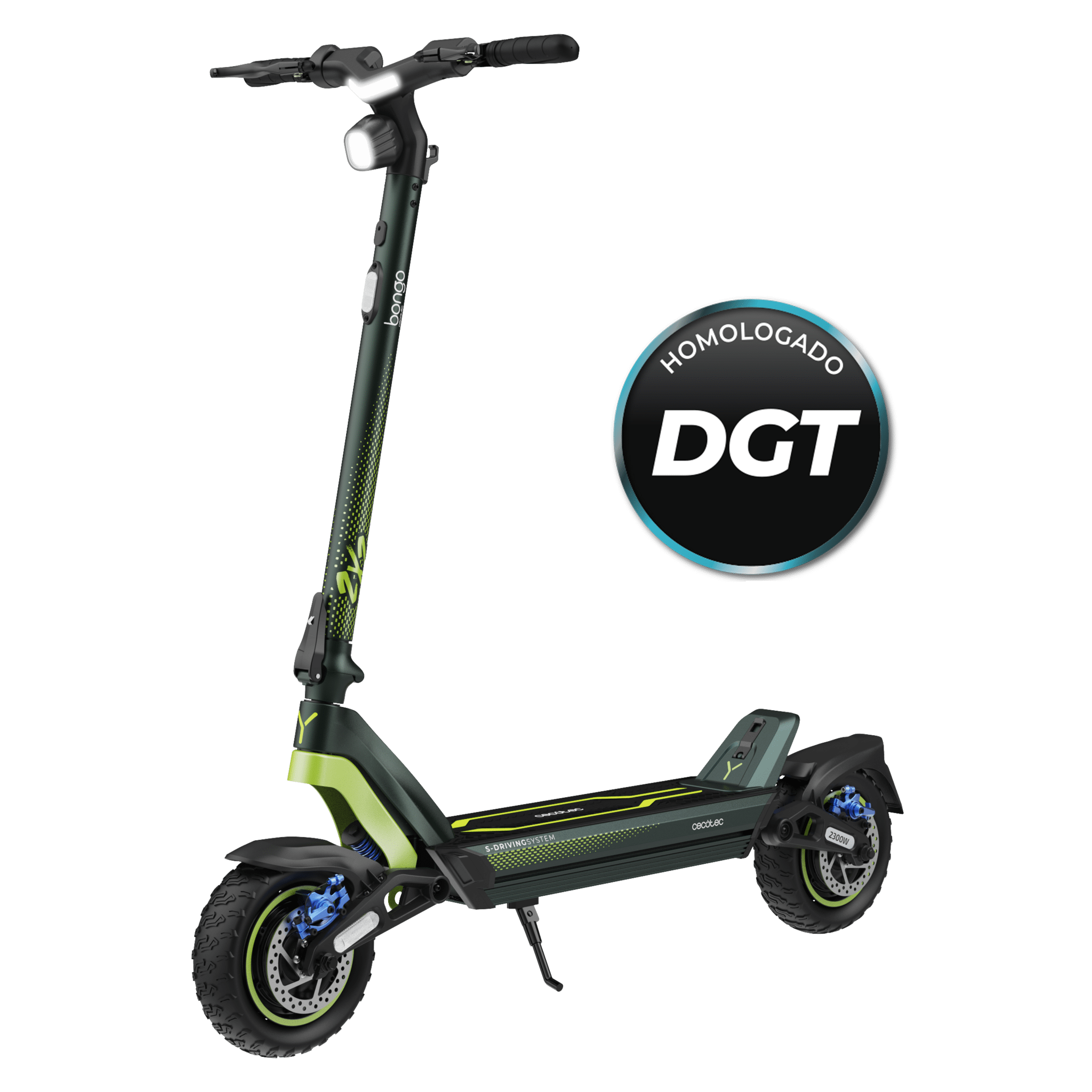 Bongo Doble Y85 2x2 XXL Connected Patinete eléctrico de doble motor con potencia máxima de 2100 W y doble suspensión que permite superar pendientes y desplazarse por cualquier superficie. Con autonomía de hasta 85 km. Cumple con todos los requisitos de la nueva normativa española de circulación. Conexión con App móvil.