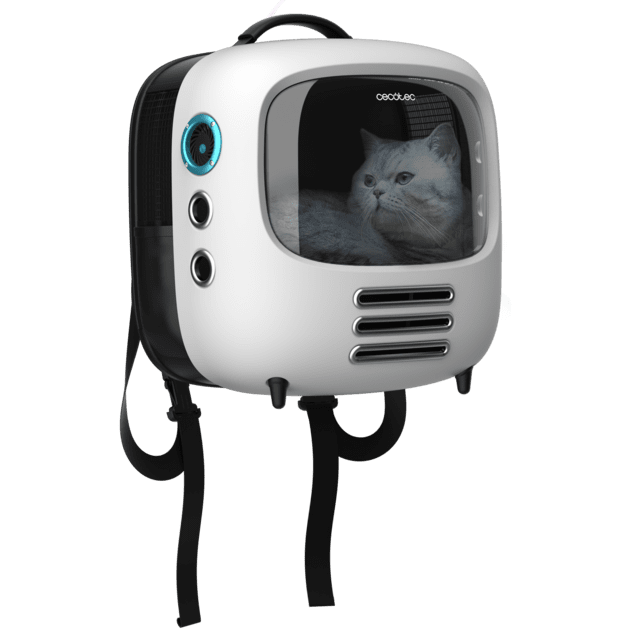 Transportín Cecotec Pumba 1800 Travel Fan con gato en el interior