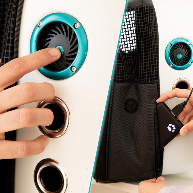 Detalle del sistema de ventilación del transportín Cecotec Pumba 1800 Travel Fan