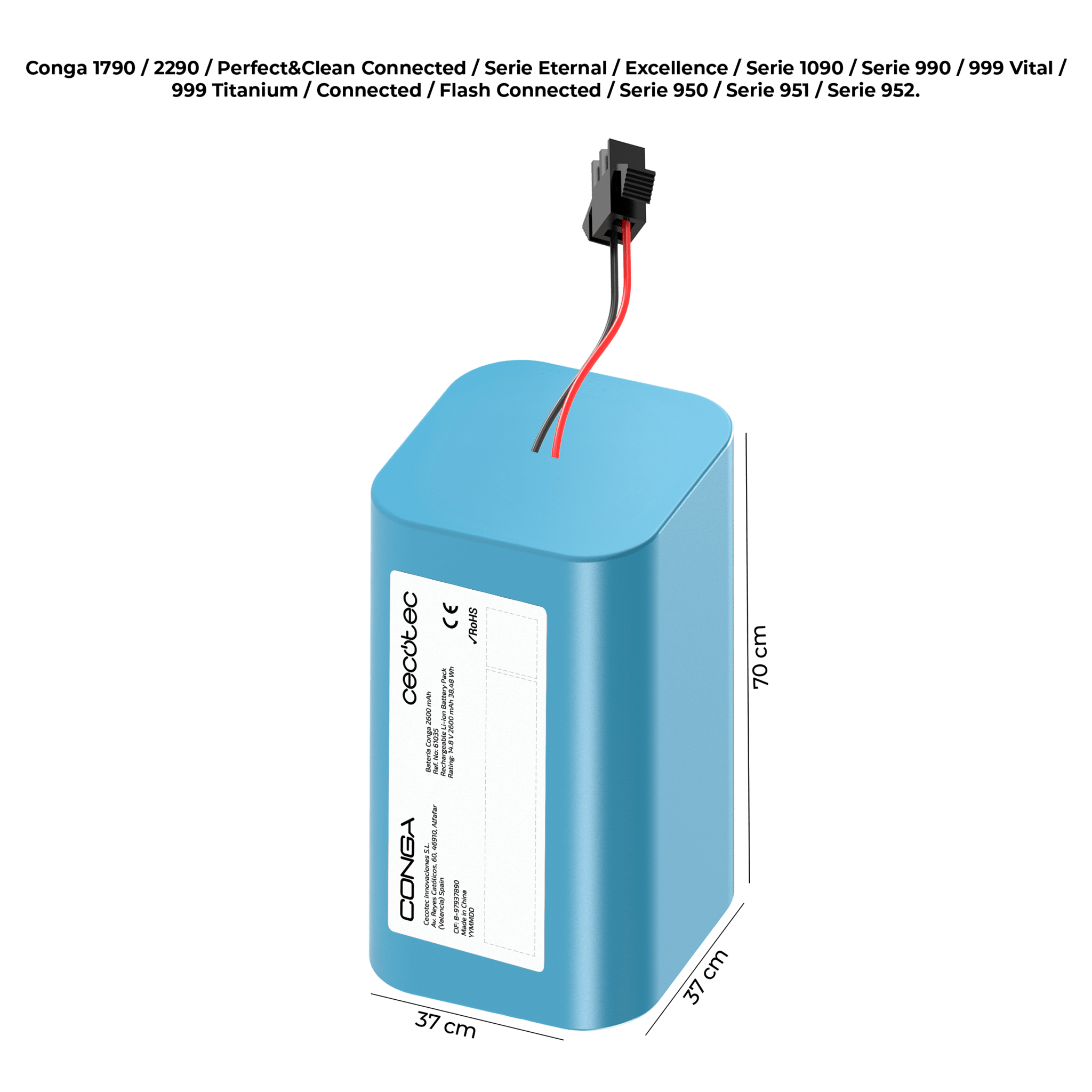 Batería Cecotec Conga 2600 mAh con medidas y compatibilidades indicadas