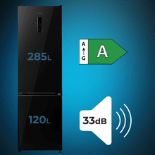 Bolero CoolMarket Combi 405 WL Elite Black Glass A - Frigorífico Combi Black Glass con interior Elite Grey y MAX INSIDE, Full LED Wall, Fresh Flex, Elite Grey, FlexiRacks, Display Full Color, Total NoFrost, Puerta Reversible, Compresor Inverter Plus, Ultra Silencioso 33dB, Modo ECO, Ultra Fast Freezing, Fast Cooling, Clase Energética A.