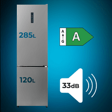 Bolero CoolMarket Combi 405 MC Inox D - Frigorífico Combi 2m NoFrost en acabado Inox, Tecnología MAX INSIDE, MetalFlex Cooling, FlexiRacks, Cajón Convertible Freshness Flex Hub (0ºC/+4ºC/+7ºC), Display FullColor, Compresor Inverter Plus, Ultra Silencioso 33dB, Clase A, Modo ECO, Fast Cooling, Ultra Fast Freezing y Puerta reversible.