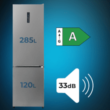Bolero CoolMarket Combi 405 WL Elite Inox A - Frigorífico Combi Inox con interior Elite Grey y MAX INSIDE, Full LED Wall, Fresh Flex, Elite Grey, FlexiRacks, Display Full Color, Total NoFrost, Puerta Reversible, Compresor Inverter Plus, Ultra Silencioso 33dB, Modo ECO, Ultra Fast Freezing, Fast Cooling, Clase Energética A.
