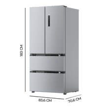Bolero CoolMarket FD 510 Inox Total E Frigorífico 4 puertas inox estilo francés, con una gran capacidad de 510 L, 183 cm de alto, 84 cm de ancho, clase energética E y compresor inverter plus. Además, cuenta con distintos modos como Fast Cooling y Fast Freezing, así como sistemas como MultiAirFlow, Total NoFrost, Metal Cooling.