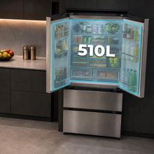 Bolero CoolMarket FD 510 Inox Total E Frigorífico 4 puertas inox estilo francés, con una gran capacidad de 510 L, 183 cm de alto, 84 cm de ancho, clase energética E y compresor inverter plus. Además, cuenta con distintos modos como Fast Cooling y Fast Freezing, así como sistemas como MultiAirFlow, Total NoFrost, Metal Cooling.