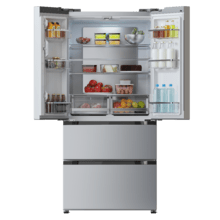 Bolero CoolMarket FD 510 Inox Total E Frigorífico 4 puertas inox estilo francés, con una gran capacidad de 510 L, 183 cm de alto, 84 cm de ancho, clase energética E y compresor inverter plus. Además, cuenta con distintos modos como Fast Cooling y Fast Freezing, así como sistemas como MultiAirFlow, Total NoFrost, Metal Cooling.