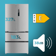 Bolero CoolMarket FD 510 Inox Total E Frigorífico 4 puertas inox estilo francés, con una gran capacidad de 510 L, 183 cm de alto, 84 cm de ancho, clase energética E y compresor inverter plus. Además, cuenta con distintos modos como Fast Cooling y Fast Freezing, así como sistemas como MultiAirFlow, Total NoFrost, Metal Cooling.