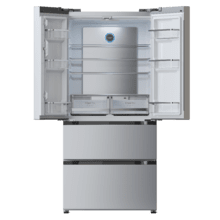 Bolero CoolMarket FD 510 Inox Total E Frigorífico 4 puertas inox estilo francés, con una gran capacidad de 510 L, 183 cm de alto, 84 cm de ancho, clase energética E y compresor inverter plus. Además, cuenta con distintos modos como Fast Cooling y Fast Freezing, así como sistemas como MultiAirFlow, Total NoFrost, Metal Cooling.