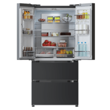 Refrigerador Bolero CoolMarket FD 510 Dark Total E. Estilo francês, com 4 portas, grande capacidade de 510 litros, 183 cm de altura, 84 cm de largura, classe energética E e compressor inverter plus. Possui diversos modos de refrigeração, como Resfriamento Rápido e Congelamento Rápido, além de sistemas como MultiAirFlow, Total NoFrost e Metal Cooling.