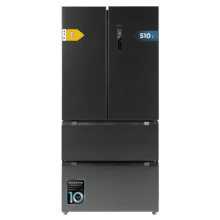 Refrigerador Bolero CoolMarket FD 510 Dark Total E. Estilo francês, com 4 portas, grande capacidade de 510 litros, 183 cm de altura, 84 cm de largura, classe energética E e compressor inverter plus. Possui diversos modos de refrigeração, como Resfriamento Rápido e Congelamento Rápido, além de sistemas como MultiAirFlow, Total NoFrost e Metal Cooling.