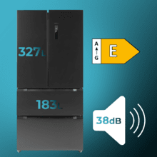 Refrigerador Bolero CoolMarket FD 510 Dark Total E. Estilo francês, com 4 portas, grande capacidade de 510 litros, 183 cm de altura, 84 cm de largura, classe energética E e compressor inverter plus. Possui diversos modos de refrigeração, como Resfriamento Rápido e Congelamento Rápido, além de sistemas como MultiAirFlow, Total NoFrost e Metal Cooling.