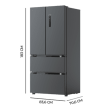 Refrigerador Bolero CoolMarket FD 510 Dark Total E. Estilo francês, com 4 portas, grande capacidade de 510 litros, 183 cm de altura, 84 cm de largura, classe energética E e compressor inverter plus. Possui diversos modos de refrigeração, como Resfriamento Rápido e Congelamento Rápido, além de sistemas como MultiAirFlow, Total NoFrost e Metal Cooling.