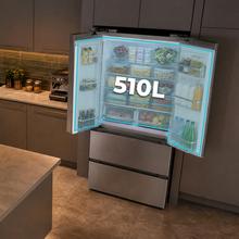 Bolero CoolMarket FD 510 WD Inox Total E. Frigorífico 4 puertas inox estilo francés, con una gran capacidad de 506 L, 183 cm de alto, 84 cm de ancho, con dispensador de agua, clase energética E y compresor inverter plus. Además, cuenta con distintos modos como Fast Cooling y Fast Freezing, así como sistemas como MultiAirFlow, Total NoFrost, Metal Cooling.