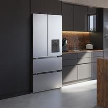 Refrigerador Bolero CoolMarket FD 510 WD Inox Total E. Estilo francês, com 4 portas em aço inoxidável, grande capacidade de 506 litros, 183 cm de altura, 84 cm de largura, com dispenser de água, classe energética E e compressor inverter plus. Possui ainda diversos modos, como Resfriamento Rápido e Congelamento Rápido, além de sistemas como MultiAirFlow, Total NoFrost e Metal Cooling.
