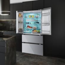 Refrigerador Bolero CoolMarket FD 510 WD Inox Total E. Estilo francês, com 4 portas em aço inoxidável, grande capacidade de 506 litros, 183 cm de altura, 84 cm de largura, com dispenser de água, classe energética E e compressor inverter plus. Possui ainda diversos modos, como Resfriamento Rápido e Congelamento Rápido, além de sistemas como MultiAirFlow, Total NoFrost e Metal Cooling.