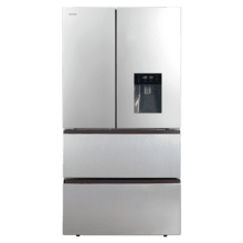 Refrigerador Bolero CoolMarket FD 510 WD Inox Total E. Estilo francês, com 4 portas em aço inoxidável, grande capacidade de 506 litros, 183 cm de altura, 84 cm de largura, com dispenser de água, classe energética E e compressor inverter plus. Possui ainda diversos modos, como Resfriamento Rápido e Congelamento Rápido, além de sistemas como MultiAirFlow, Total NoFrost e Metal Cooling.