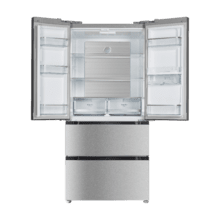 Refrigerador Bolero CoolMarket FD 510 WD Inox Total E. Estilo francês, com 4 portas em aço inoxidável, grande capacidade de 506 litros, 183 cm de altura, 84 cm de largura, com dispenser de água, classe energética E e compressor inverter plus. Possui ainda diversos modos, como Resfriamento Rápido e Congelamento Rápido, além de sistemas como MultiAirFlow, Total NoFrost e Metal Cooling.