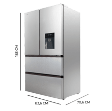 Refrigerador Bolero CoolMarket FD 510 WD Inox Total E. Estilo francês, com 4 portas em aço inoxidável, grande capacidade de 506 litros, 183 cm de altura, 84 cm de largura, com dispenser de água, classe energética E e compressor inverter plus. Possui ainda diversos modos, como Resfriamento Rápido e Congelamento Rápido, além de sistemas como MultiAirFlow, Total NoFrost e Metal Cooling.