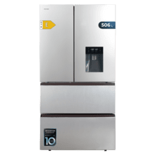 Refrigerador Bolero CoolMarket FD 510 WD Inox Total E. Estilo francês, com 4 portas em aço inoxidável, grande capacidade de 506 litros, 183 cm de altura, 84 cm de largura, com dispenser de água, classe energética E e compressor inverter plus. Possui ainda diversos modos, como Resfriamento Rápido e Congelamento Rápido, além de sistemas como MultiAirFlow, Total NoFrost e Metal Cooling.