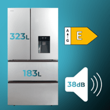 Refrigerador Bolero CoolMarket FD 510 WD Inox Total E. Estilo francês, com 4 portas em aço inoxidável, grande capacidade de 506 litros, 183 cm de altura, 84 cm de largura, com dispenser de água, classe energética E e compressor inverter plus. Possui ainda diversos modos, como Resfriamento Rápido e Congelamento Rápido, além de sistemas como MultiAirFlow, Total NoFrost e Metal Cooling.