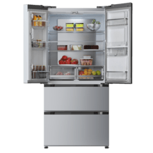 Refrigerador Bolero CoolMarket FD 510 WD Inox Total E. Estilo francês, com 4 portas em aço inoxidável, grande capacidade de 506 litros, 183 cm de altura, 84 cm de largura, com dispenser de água, classe energética E e compressor inverter plus. Possui ainda diversos modos, como Resfriamento Rápido e Congelamento Rápido, além de sistemas como MultiAirFlow, Total NoFrost e Metal Cooling.