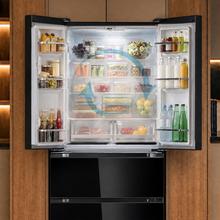 Bolero CoolMarket FD 510 Black Glass E. Frigorífico 4 puertas Glass estilo francés, con una gran capacidad de 510 L, 183 cm de alto, 84 cm de ancho, clase energética E y compresor inverter plus. Además, cuenta con distintos modos como Fast Cooling y Fast Freezing, así como sistemas como MultiAirFlow, Total NoFrost, Metal Cooling.