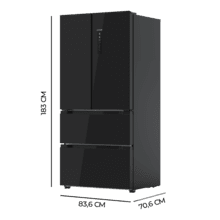 Bolero CoolMarket FD 510 Black Glass E. Frigorífico 4 puertas Glass estilo francés, con una gran capacidad de 510 L, 183 cm de alto, 84 cm de ancho, clase energética E y compresor inverter plus. Además, cuenta con distintos modos como Fast Cooling y Fast Freezing, así como sistemas como MultiAirFlow, Total NoFrost, Metal Cooling.