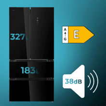 Bolero CoolMarket FD 510 Black Glass E. Frigorífico 4 puertas Glass estilo francés, con una gran capacidad de 510 L, 183 cm de alto, 84 cm de ancho, clase energética E y compresor inverter plus. Además, cuenta con distintos modos como Fast Cooling y Fast Freezing, así como sistemas como MultiAirFlow, Total NoFrost, Metal Cooling.