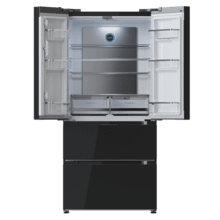 Bolero CoolMarket FD 510 Black Glass E. Frigorífico 4 puertas Glass estilo francés, con una gran capacidad de 510 L, 183 cm de alto, 84 cm de ancho, clase energética E y compresor inverter plus. Además, cuenta con distintos modos como Fast Cooling y Fast Freezing, así como sistemas como MultiAirFlow, Total NoFrost, Metal Cooling.