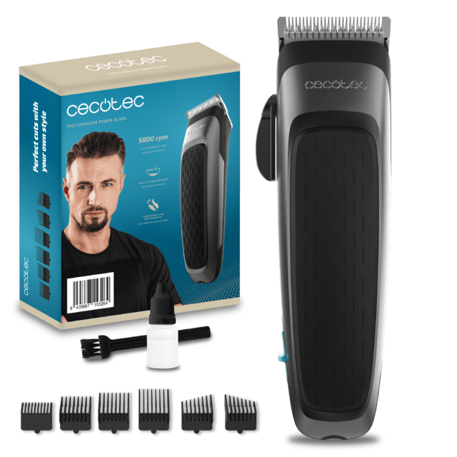 Máquina de cortar cabelo PrecisionCare Power Blade com até 5800 rpm, lâminas de aço inoxidável, design leve, alavanca de ajuste e 6 pentes com diferentes comprimentos e funções.