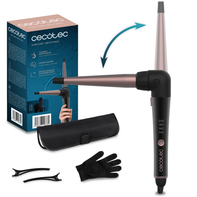 Rizador Pelo CECOTEC SurfCare TwistConic con guante térmico, estuche y clips
