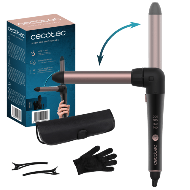 Rizador Pelo CECOTEC SurfCare TwistWaves 25 mm con guante térmico, estuche y clips