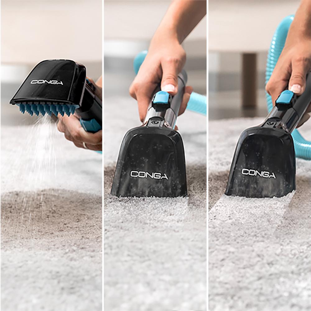 Cecotec Conga 4000 Carpet&Spot Clean XL Advance pulverizando y aspirando sobre una alfombra