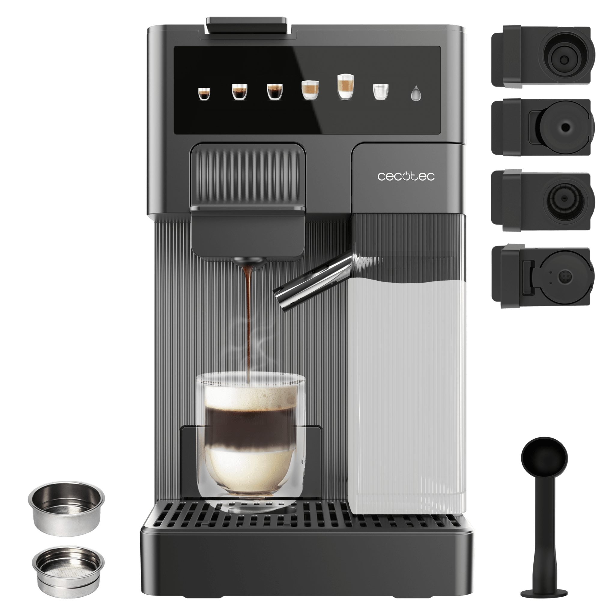 FreeStyle Latte T Espressomaschine mit sehr kompaktem 4-in-1-Milchtank. Geeignet für gemahlenen Kaffee, Dolce Gusto, Nespresso und K-fee.