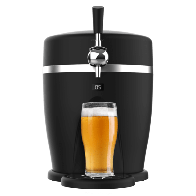 BeerFlow 5000 Dispensador de cerveza de 60 W que mantiene la temperatura de 3°C a 6°C, compatible con barriles universales presurizados de 5L, asa y bandeja recogegotas extraíbles, y pies antideslizantes para mayor estabilidad.