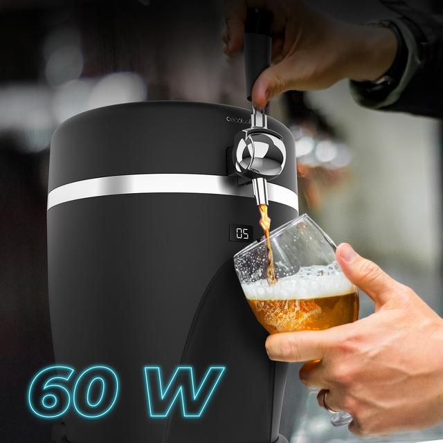 BeerFlow 5000 Dispensador de cerveza de 60 W que mantiene la temperatura de 3°C a 6°C, compatible con barriles universales presurizados de 5L, asa y bandeja recogegotas extraíbles, y pies antideslizantes para mayor estabilidad.