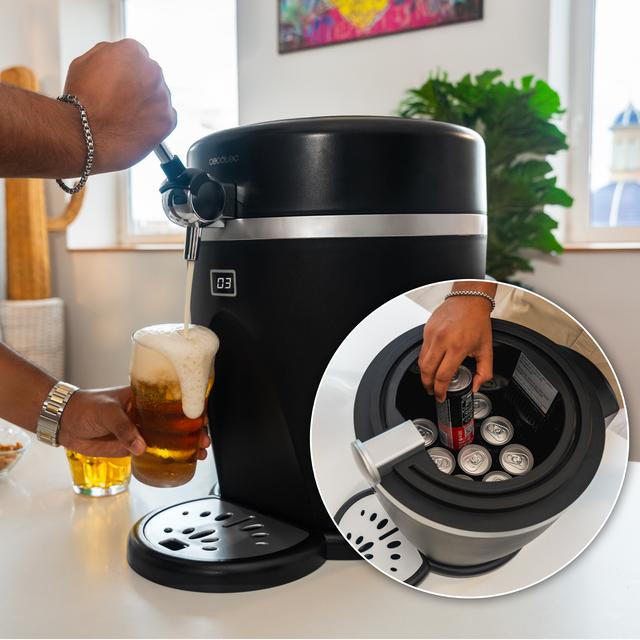 BeerFlow 5000 Dispensador de cerveza de 60 W que mantiene la temperatura de 3°C a 6°C, compatible con barriles universales presurizados de 5L, asa y bandeja recogegotas extraíbles, y pies antideslizantes para mayor estabilidad.