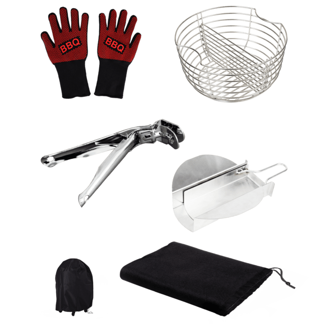 DragonPack 6600 L Pack de accesorios para barbacoa kamado que incluye pinzas, cubierta protectora, recolector de cenizas, canasta para carbón y guantes.