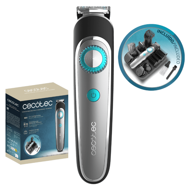 Tondeuse Multigrooming PrecisionCare Multigrooming avec 6 têtes, avec 5 peignes en mesures de 3/6/9/12/15 mm, et 2 peignes réglables de 1 à 10 mm et de 11 à 20 mm, un peigne corporel et une résistance IPX7.