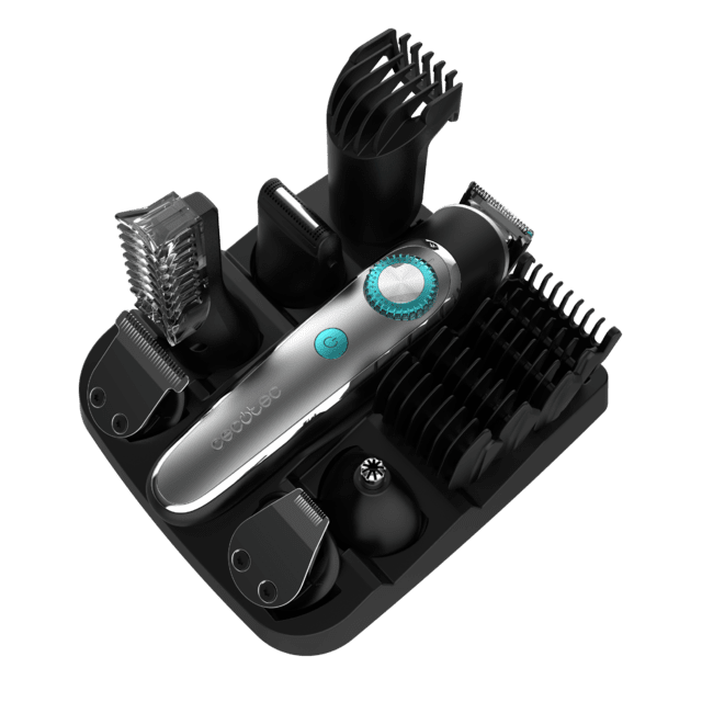 Tondeuse Multigrooming PrecisionCare Multigrooming avec 6 têtes, avec 5 peignes en mesures de 3/6/9/12/15 mm, et 2 peignes réglables de 1 à 10 mm et de 11 à 20 mm, un peigne corporel et une résistance IPX7.